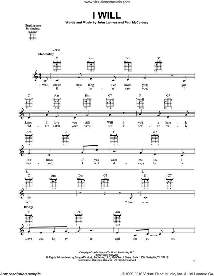 I Will sheet music for guitar solo (chords) by The Beatles, John Lennon and Paul McCartney, easy guitar (chords)