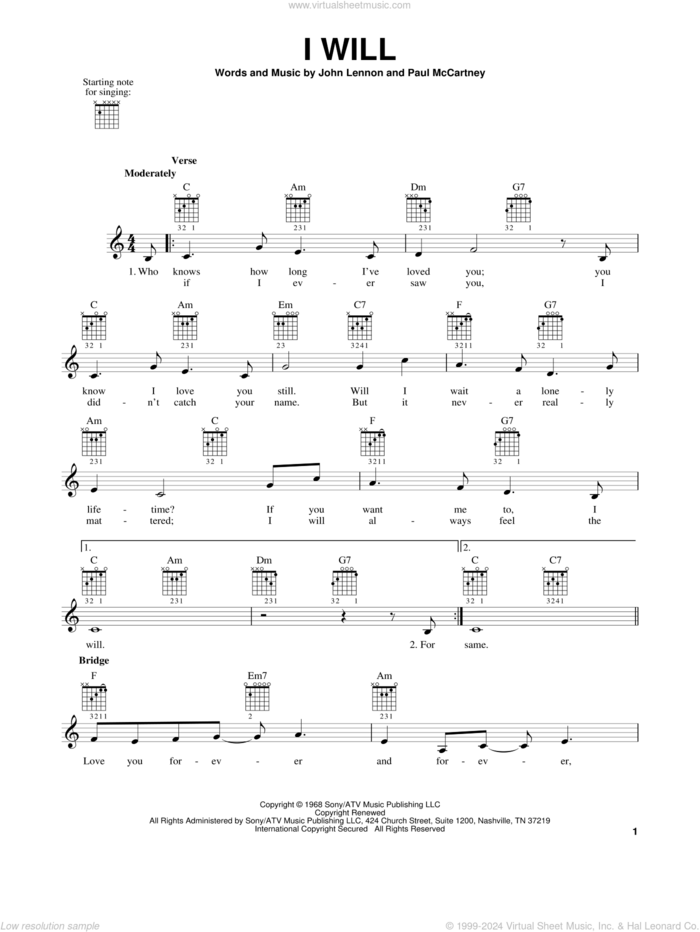 I Will sheet music for guitar solo (chords) by The Beatles, John Lennon and Paul McCartney, wedding score, easy guitar (chords)