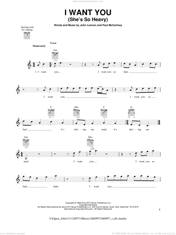 I Want You (She's So Heavy) sheet music for guitar solo (chords) by The Beatles, John Lennon and Paul McCartney, easy guitar (chords)