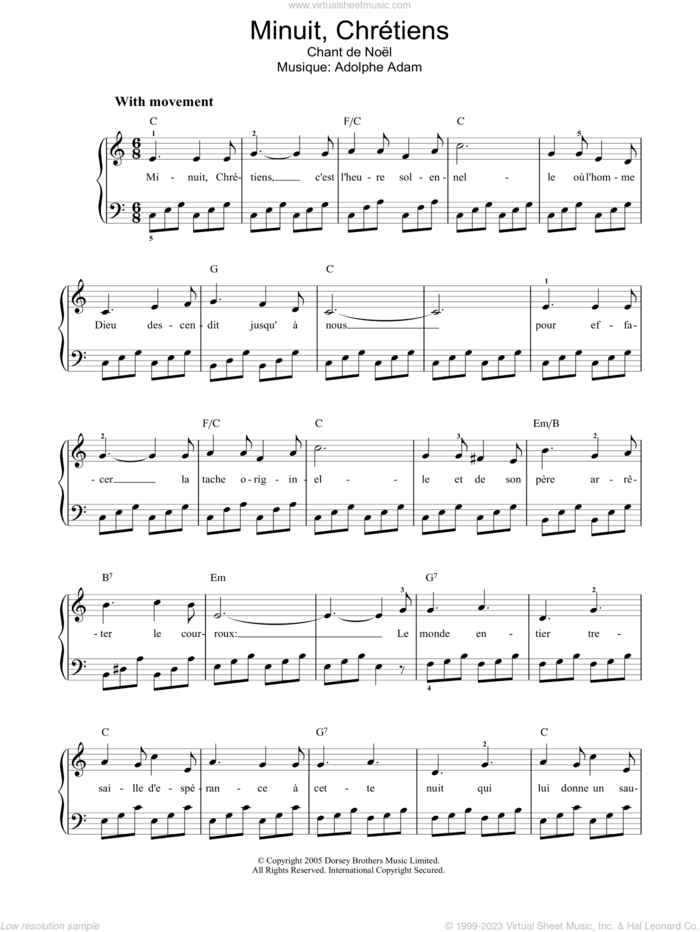Minuit, Chretiens sheet music for voice, piano or guitar by Adolphe Adam, Chant De Noel and Miscellaneous, intermediate skill level