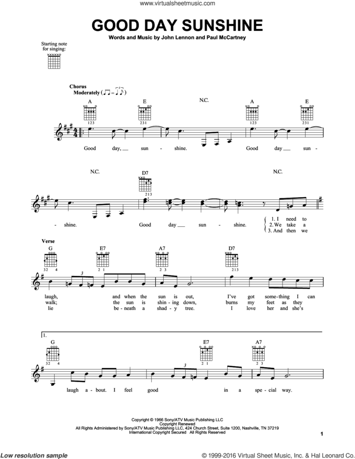 Good Day Sunshine sheet music for guitar solo (chords) by The Beatles, John Lennon and Paul McCartney, easy guitar (chords)