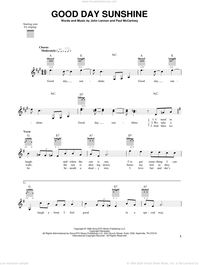 Good Day Sunshine sheet music for guitar solo (chords) by The Beatles, John Lennon and Paul McCartney, easy guitar (chords)