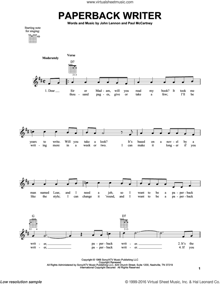 Paperback Writer sheet music for guitar solo (chords) by The Beatles, John Lennon and Paul McCartney, easy guitar (chords)