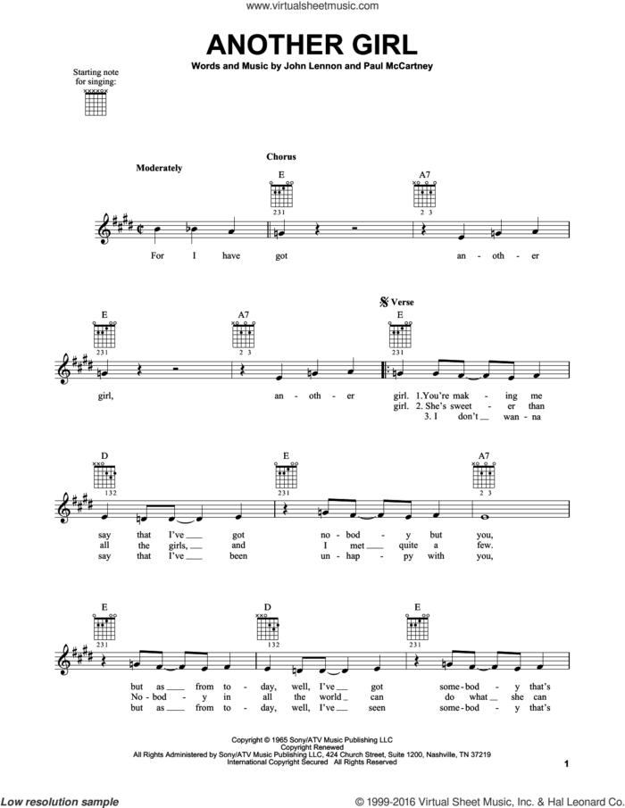 Another Girl sheet music for guitar solo (chords) by The Beatles, John Lennon and Paul McCartney, easy guitar (chords)