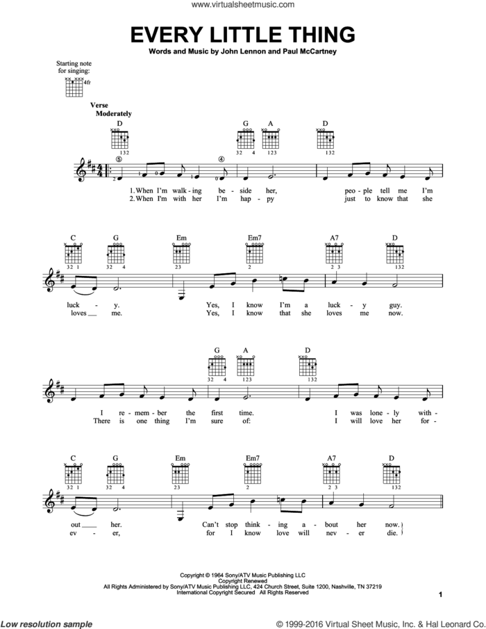 Every Little Thing sheet music for guitar solo (chords) by The Beatles, John Lennon and Paul McCartney, easy guitar (chords)