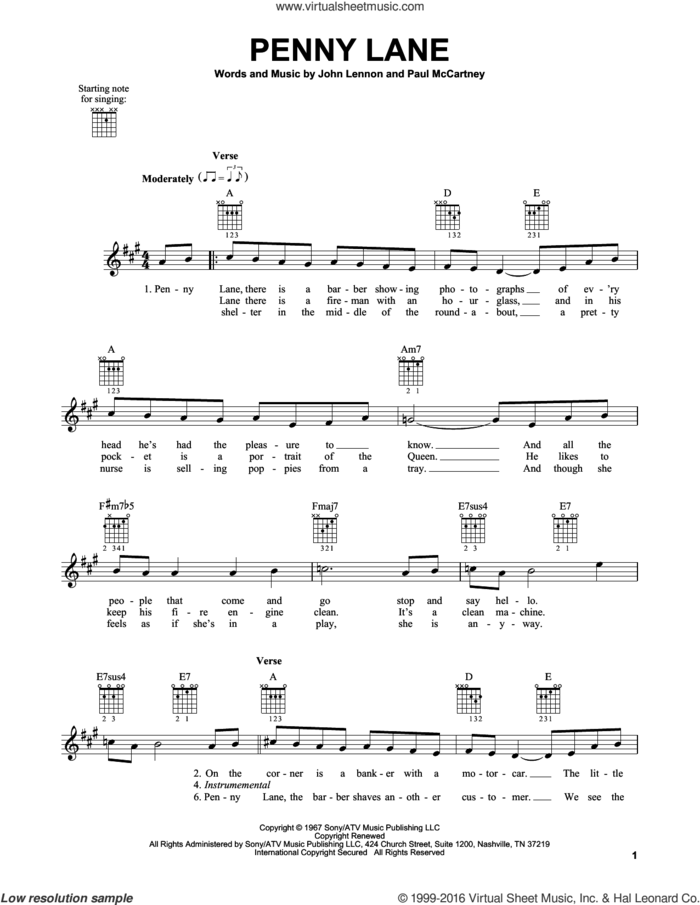 Penny Lane sheet music for guitar solo (chords) by The Beatles, John Lennon and Paul McCartney, easy guitar (chords)