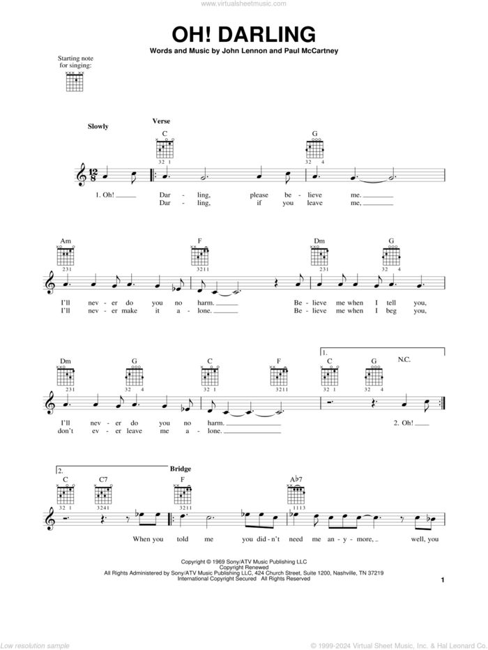 Oh! Darling sheet music for guitar solo (chords) by The Beatles, John Lennon and Paul McCartney, easy guitar (chords)