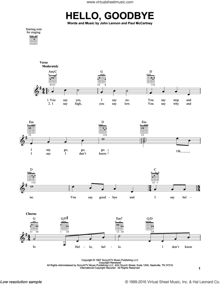 Hello, Goodbye sheet music for guitar solo (chords) by The Beatles, John Lennon and Paul McCartney, easy guitar (chords)
