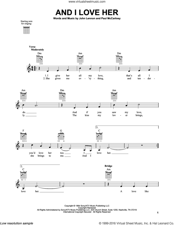 And I Love Her, (easy) sheet music for guitar solo (chords) by The Beatles, Esther Phillips, John Lennon and Paul McCartney, easy guitar (chords)