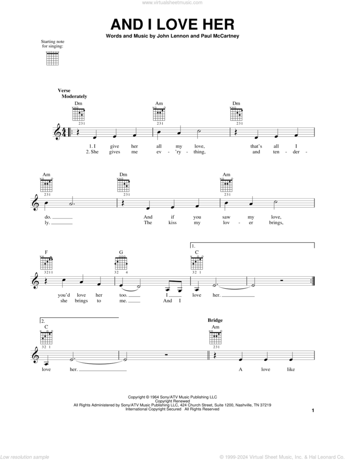 And I Love Her, (easy) sheet music for guitar solo (chords) by The Beatles, Esther Phillips, John Lennon and Paul McCartney, easy guitar (chords)