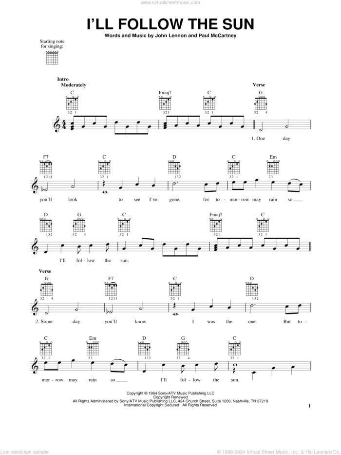 I'll Follow The Sun sheet music for guitar solo (chords) by The Beatles, John Lennon and Paul McCartney, easy guitar (chords)