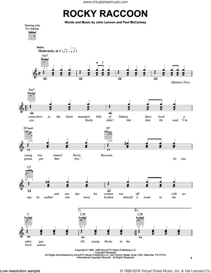 Rocky Raccoon sheet music for guitar solo (chords) by The Beatles, John Lennon and Paul McCartney, easy guitar (chords)