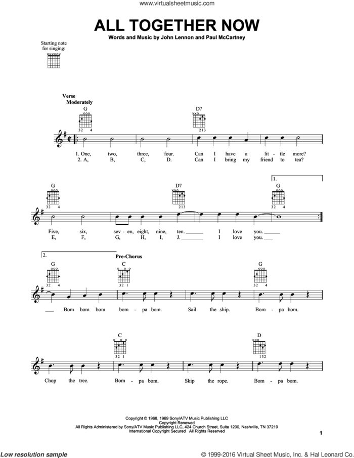 All Together Now sheet music for guitar solo (chords) by The Beatles, John Lennon and Paul McCartney, easy guitar (chords)