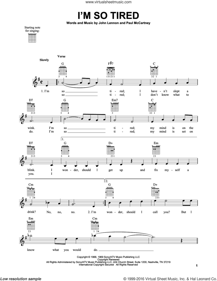 I'm So Tired sheet music for guitar solo (chords) by The Beatles, John Lennon and Paul McCartney, easy guitar (chords)
