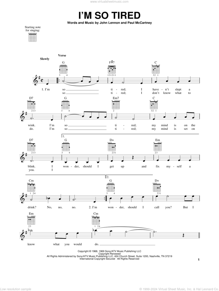 I'm So Tired sheet music for guitar solo (chords) by The Beatles, John Lennon and Paul McCartney, easy guitar (chords)