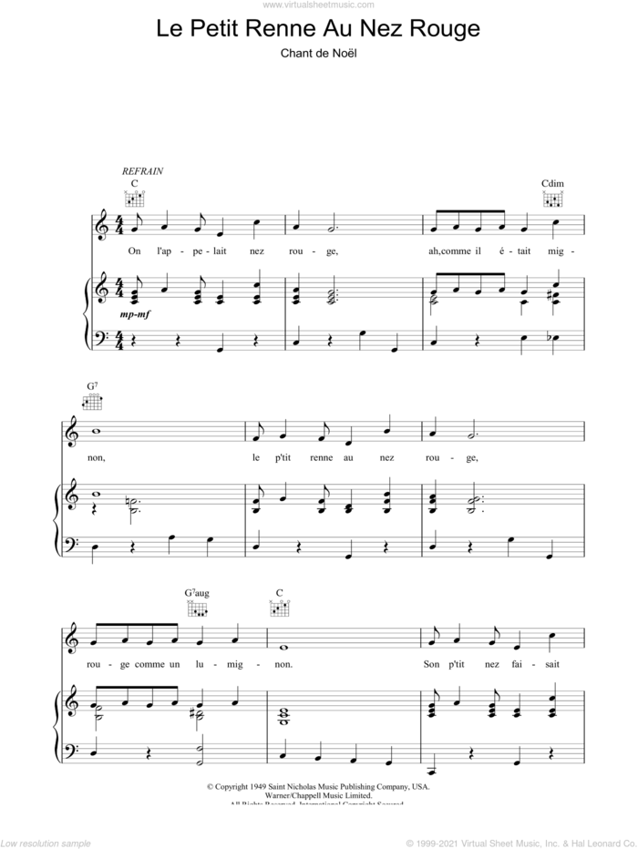 Le Petit Renne Au Nez Rouge sheet music for voice, piano or guitar  and Chant De Noel, intermediate skill level