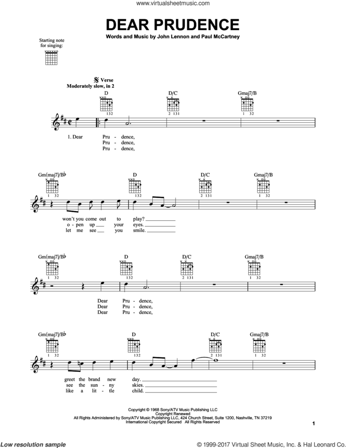 Dear Prudence sheet music for guitar solo (chords) by The Beatles, John Lennon and Paul McCartney, easy guitar (chords)