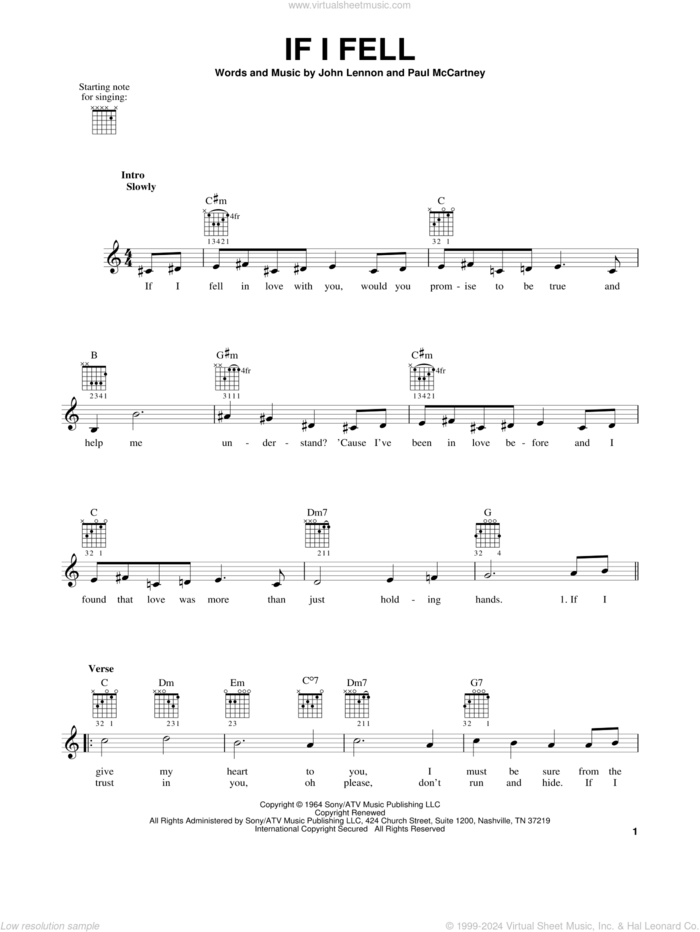 If I Fell sheet music for guitar solo (chords) by The Beatles, John Lennon and Paul McCartney, easy guitar (chords)