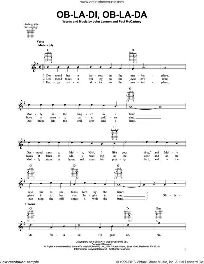 Ob-La-Di, Ob-La-Da sheet music for guitar solo (chords) by The Beatles, John Lennon and Paul McCartney, easy guitar (chords)