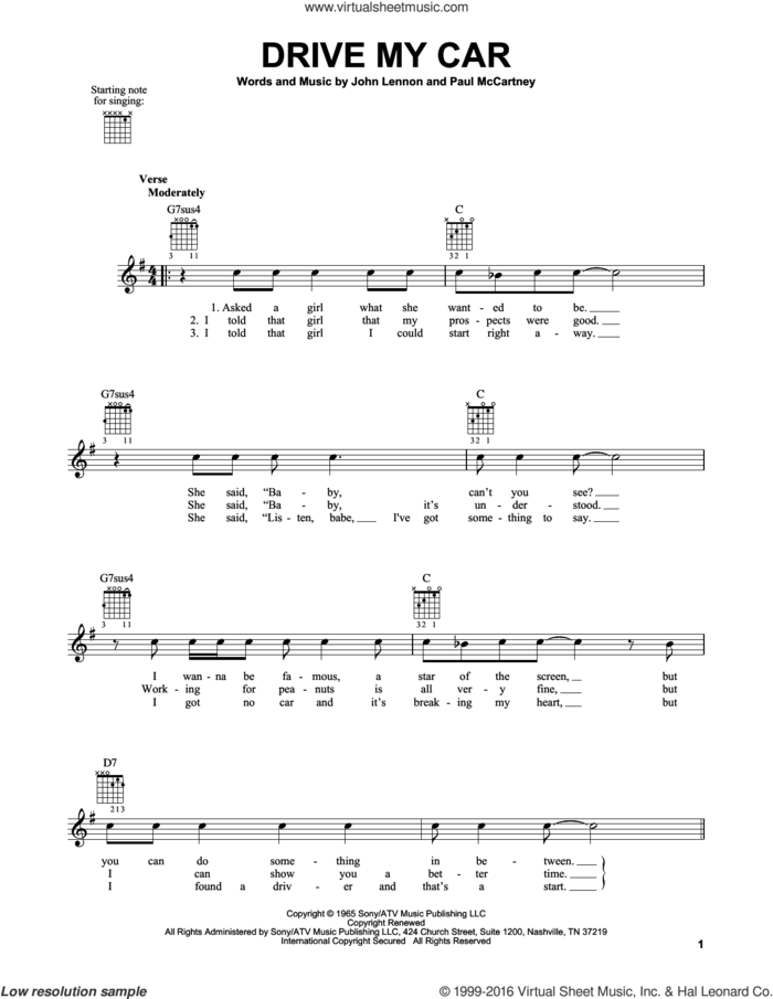 Drive My Car sheet music for guitar solo (chords) by The Beatles, John Lennon and Paul McCartney, easy guitar (chords)
