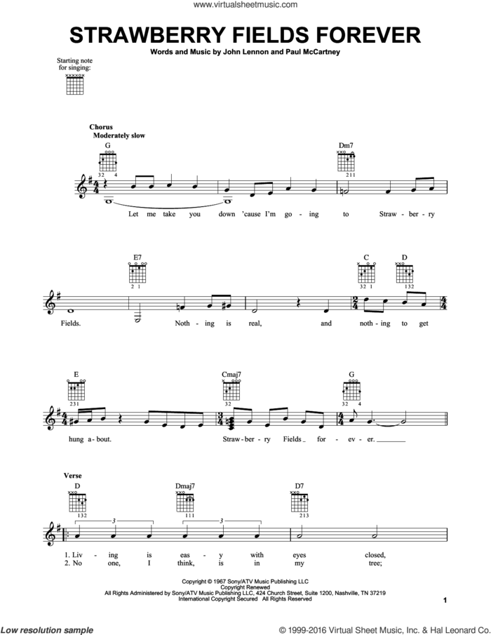 Strawberry Fields Forever sheet music for guitar solo (chords) by The Beatles, John Lennon and Paul McCartney, easy guitar (chords)