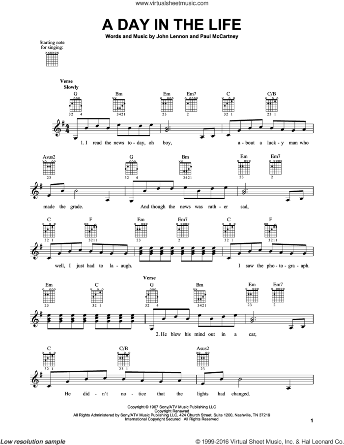 A Day In The Life sheet music for guitar solo (chords) by The Beatles, John Lennon and Paul McCartney, easy guitar (chords)