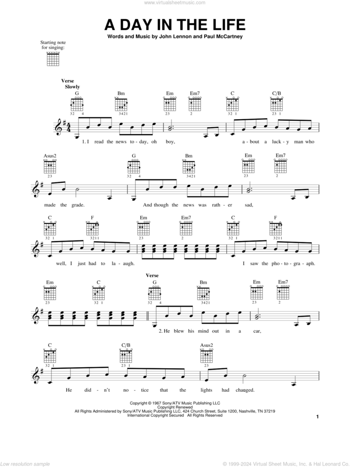 A Day In The Life sheet music for guitar solo (chords) by The Beatles, John Lennon and Paul McCartney, easy guitar (chords)