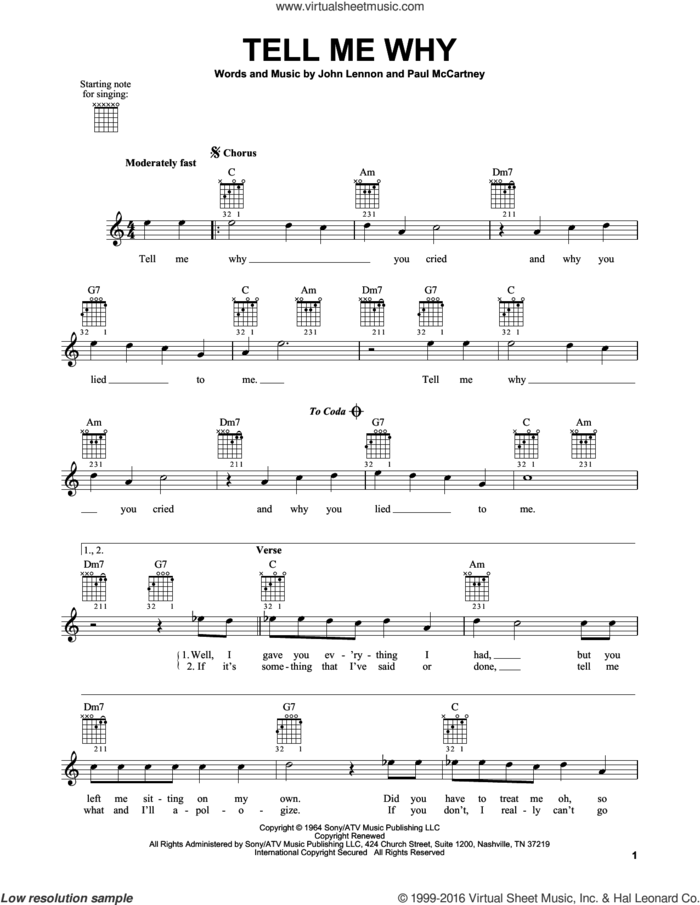 Tell Me Why sheet music for guitar solo (chords) by The Beatles, John Lennon and Paul McCartney, easy guitar (chords)