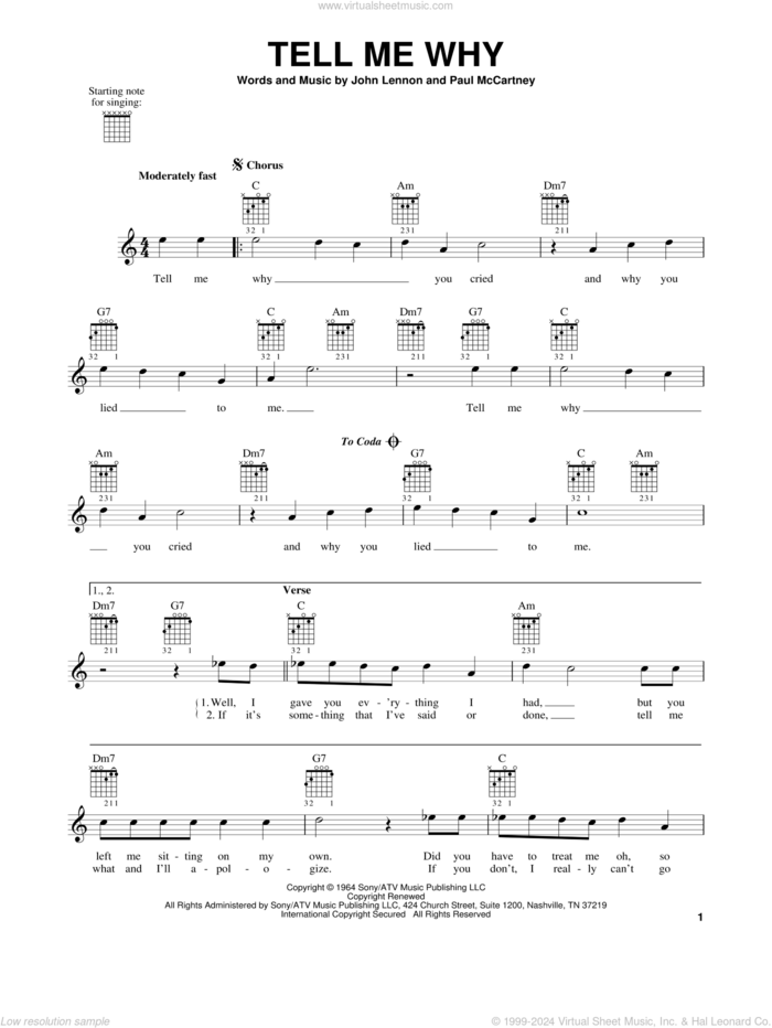 Tell Me Why sheet music for guitar solo (chords) by The Beatles, John Lennon and Paul McCartney, easy guitar (chords)