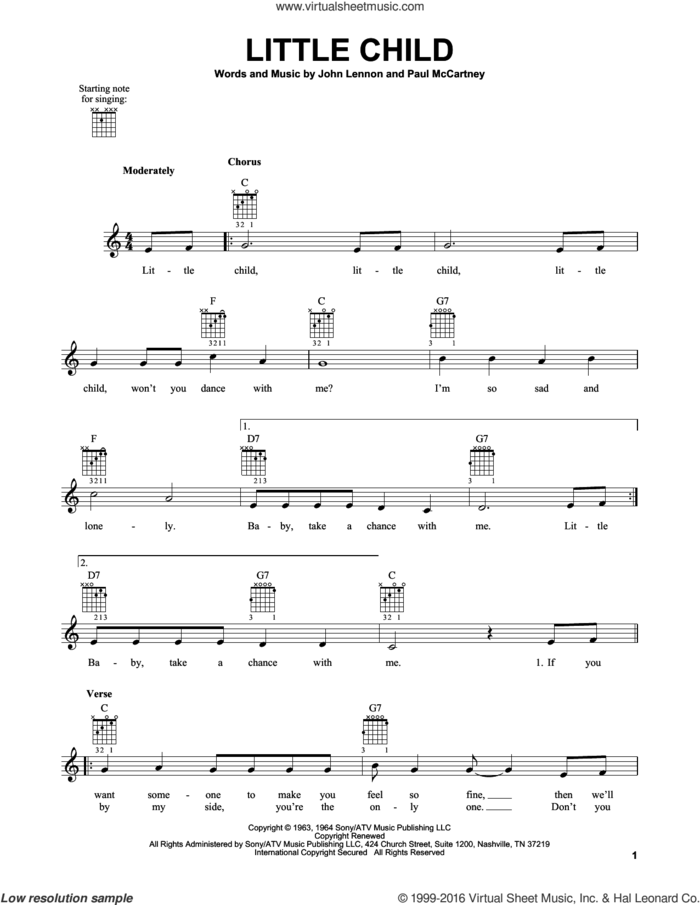 Little Child sheet music for guitar solo (chords) by The Beatles, John Lennon and Paul McCartney, easy guitar (chords)