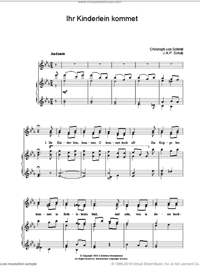 Ihr Kinderlein Kommet sheet music for voice, piano or guitar by J.A.P. Schulz, Miscellaneous, Weihnachtslied and Christoph von Schmid, intermediate skill level