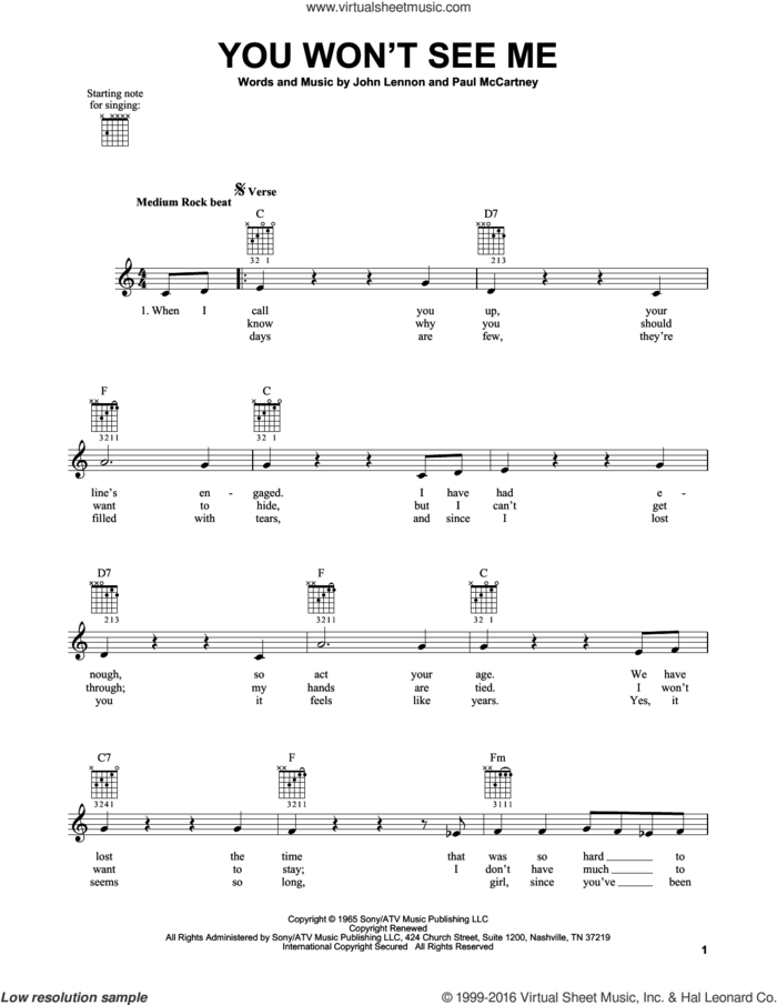 You Won't See Me sheet music for guitar solo (chords) by The Beatles, John Lennon and Paul McCartney, easy guitar (chords)
