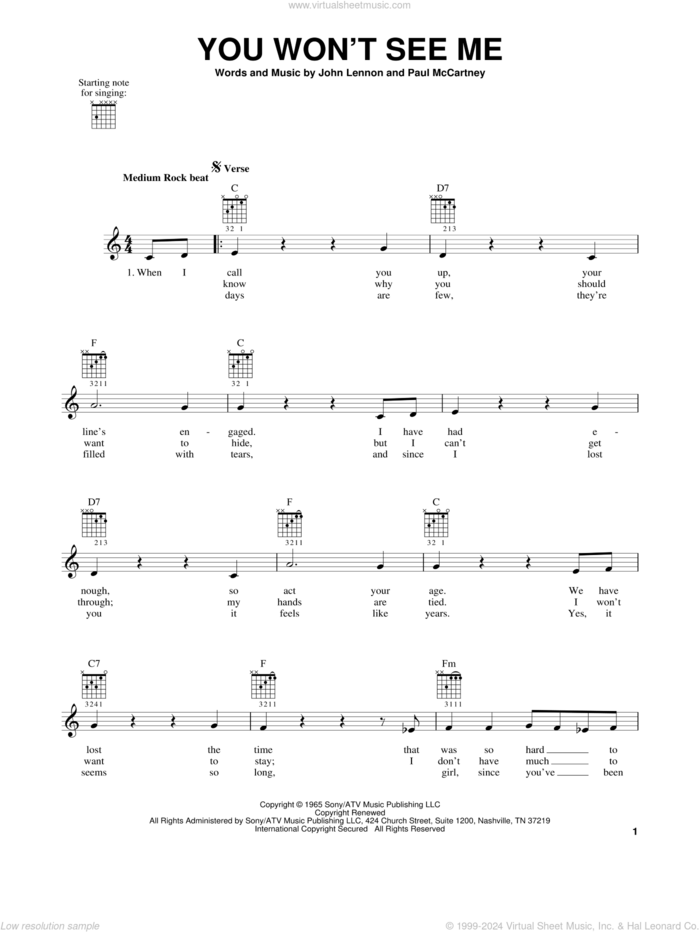 You Won't See Me sheet music for guitar solo (chords) by The Beatles, John Lennon and Paul McCartney, easy guitar (chords)