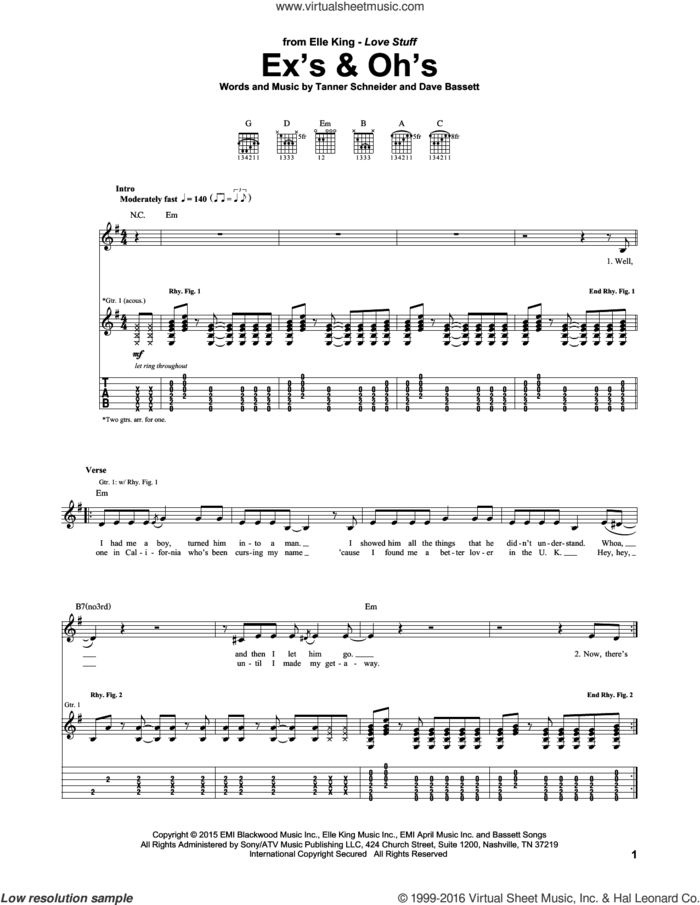 Ex's and Oh's sheet music for guitar (tablature) by Elle King, Dave Bassett and Tanner Schneider, intermediate skill level