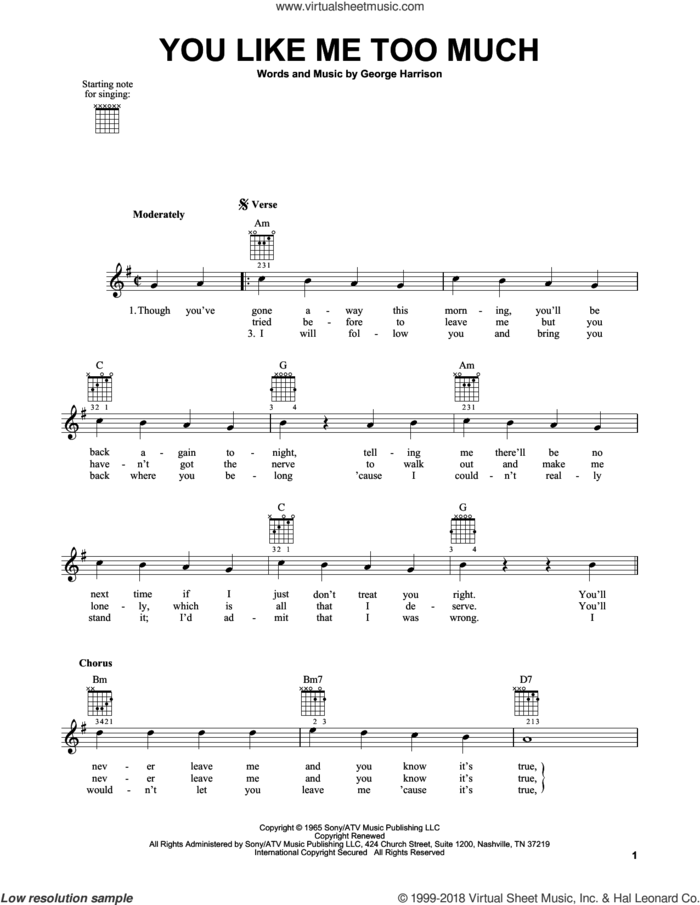 You Like Me Too Much sheet music for guitar solo (chords) by The Beatles and George Harrison, easy guitar (chords)