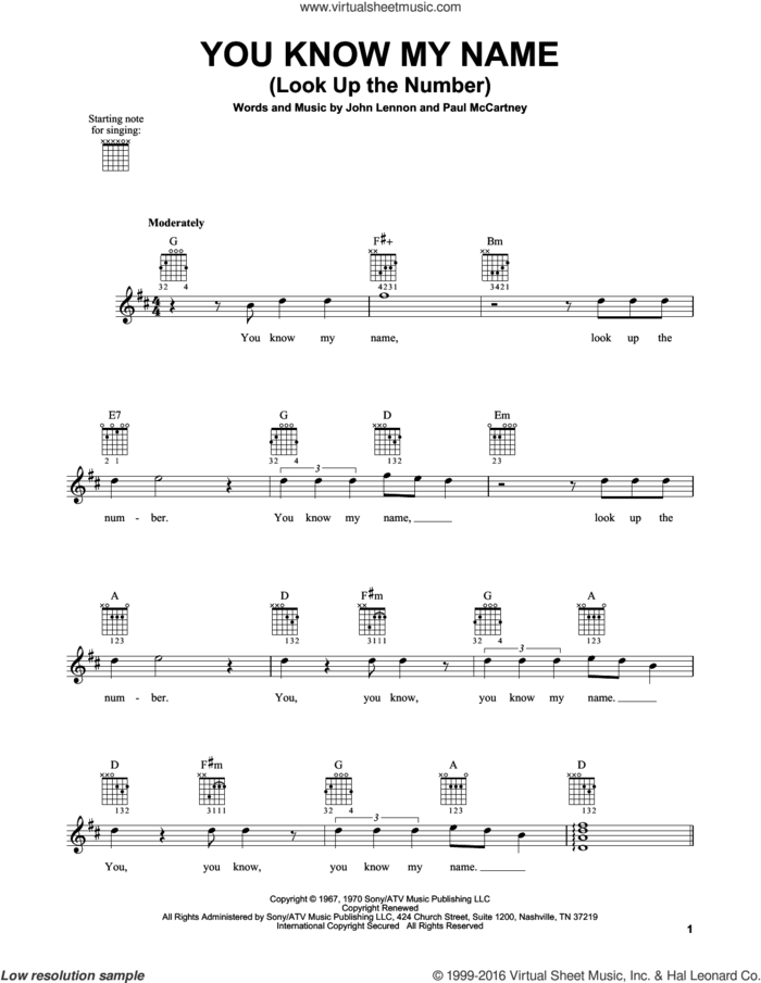 You Know My Name (Look Up The Number) sheet music for guitar solo (chords) by The Beatles, John Lennon and Paul McCartney, easy guitar (chords)