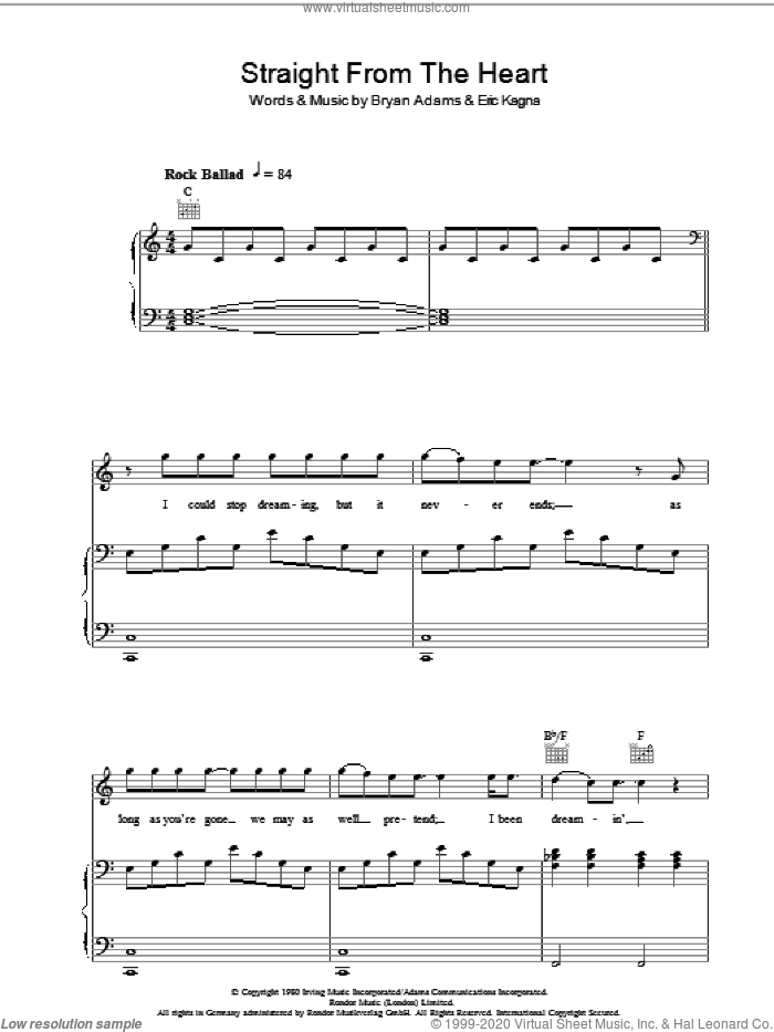 Straight From The Heart sheet music for voice, piano or guitar by Bryan Adams and Eric Kagna, intermediate skill level