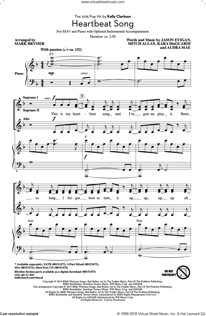 Heartbeat Song (arr. Mark Brymer) sheet music for choir (SSA: soprano, alto) by Kara DioGuardi, Mark Brymer, Kelly Clarkson, Audra Mae, Jason Evigan and Mitch Allan, intermediate skill level