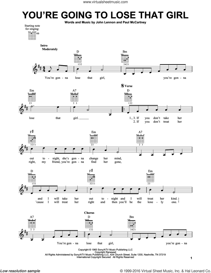 You're Going To Lose That Girl sheet music for guitar solo (chords) by The Beatles, John Lennon and Paul McCartney, easy guitar (chords)