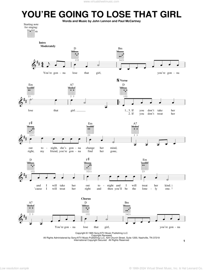 You're Going To Lose That Girl sheet music for guitar solo (chords) by The Beatles, John Lennon and Paul McCartney, easy guitar (chords)