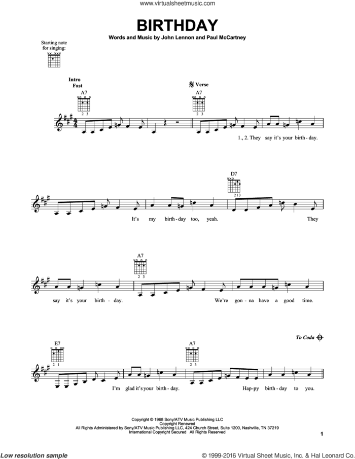 Birthday sheet music for guitar solo (chords) by The Beatles, Underground Sunshine, John Lennon and Paul McCartney, easy guitar (chords)