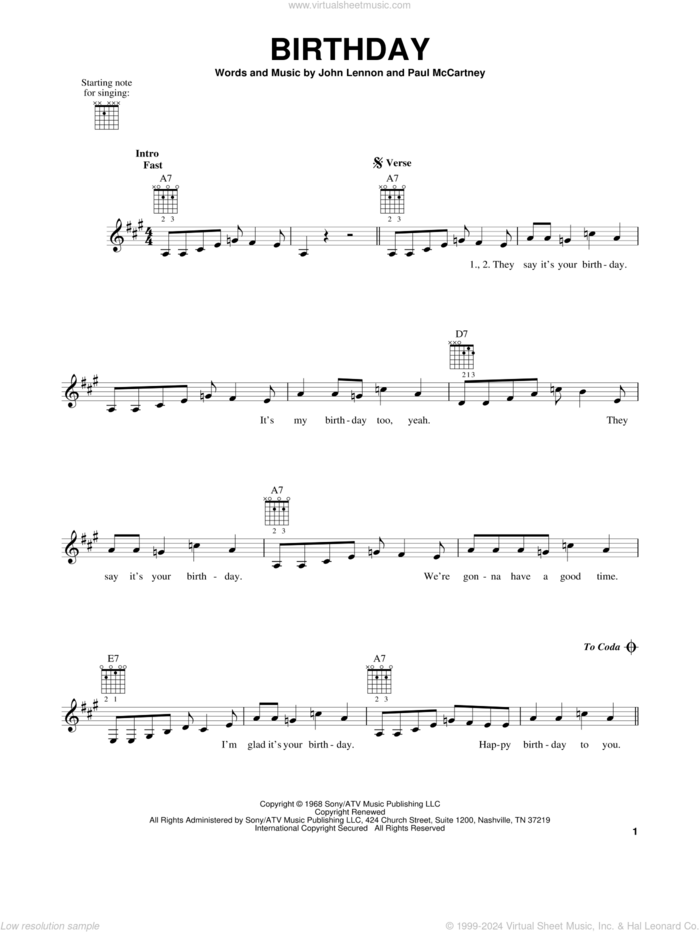 Birthday sheet music for guitar solo (chords) by The Beatles, Underground Sunshine, John Lennon and Paul McCartney, easy guitar (chords)