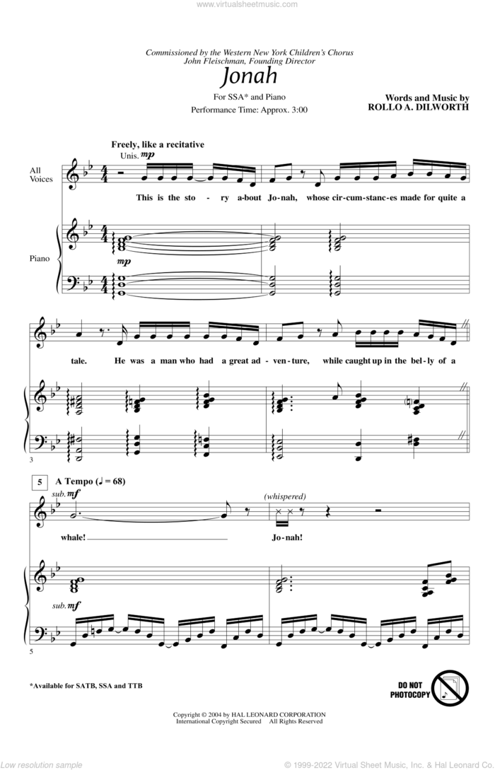 Jonah sheet music for choir (SSA: soprano, alto) by Rollo Dilworth, intermediate skill level