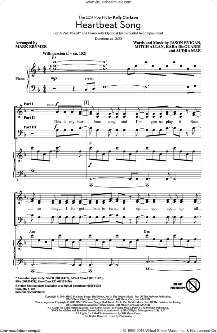 Heartbeat Song (arr. Mark Brymer) sheet music for choir (3-Part Mixed) by Kara DioGuardi, Mark Brymer, Kelly Clarkson, Audra Mae, Jason Evigan and Mitch Allan, intermediate skill level