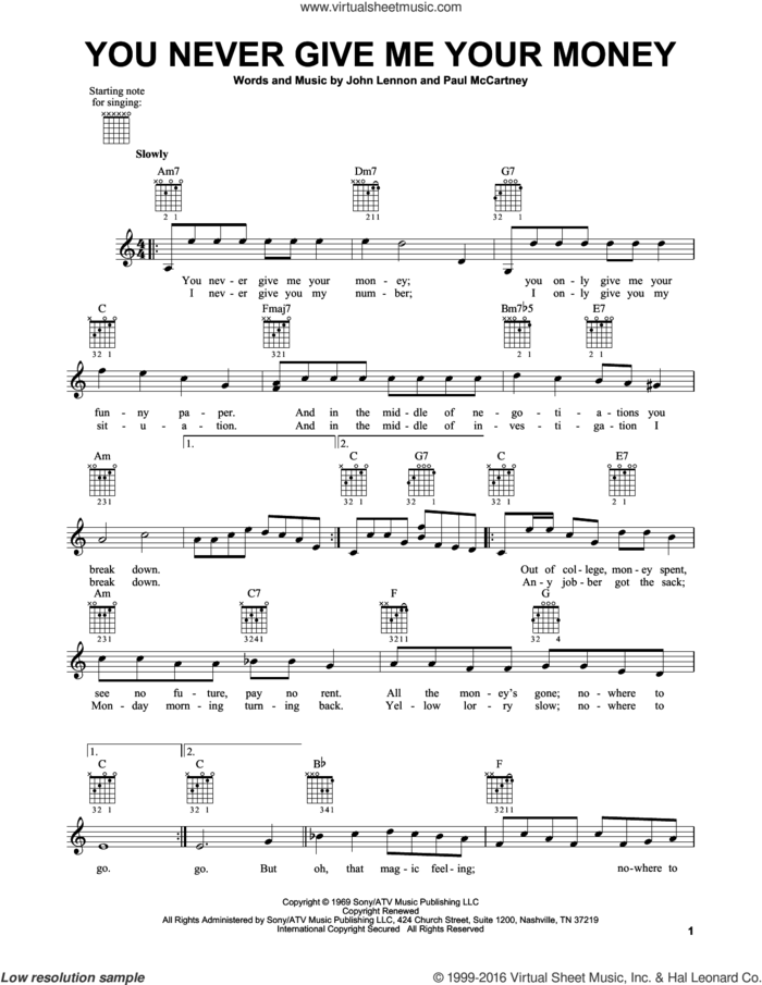 You Never Give Me Your Money sheet music for guitar solo (chords) by The Beatles, John Lennon and Paul McCartney, easy guitar (chords)