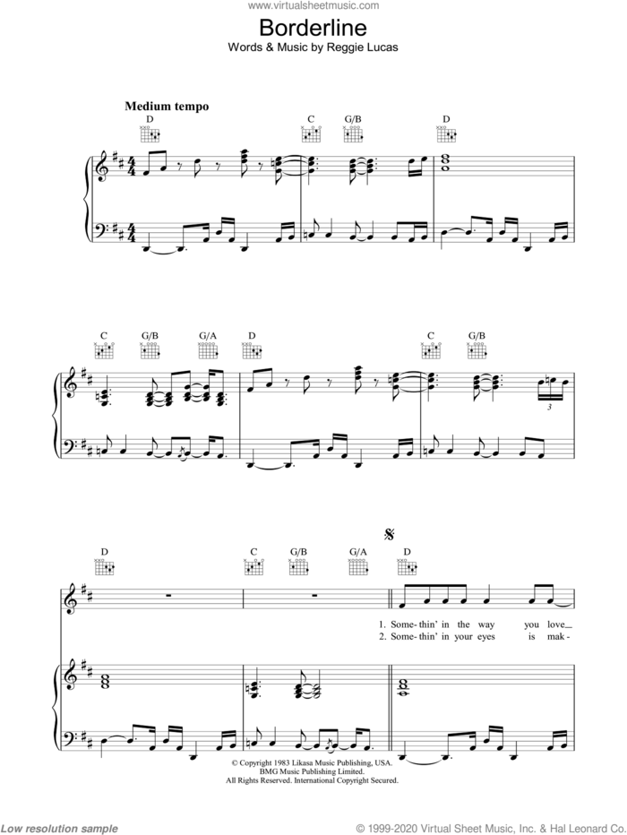 Borderline sheet music for voice, piano or guitar by Madonna and Reggie Lucas, intermediate skill level