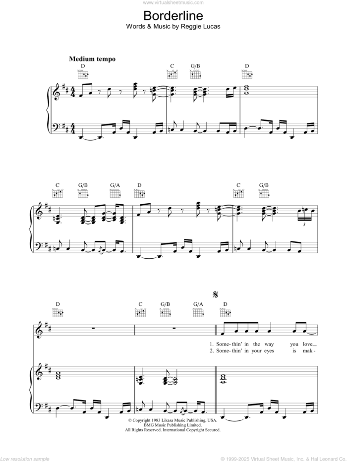 Borderline sheet music for voice, piano or guitar by Madonna and Reggie Lucas, intermediate skill level