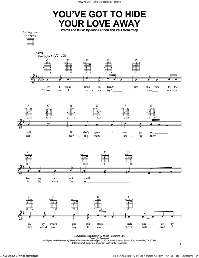 You've Got To Hide Your Love Away sheet music for guitar solo (chords) by The Beatles, John Lennon and Paul McCartney, easy guitar (chords)