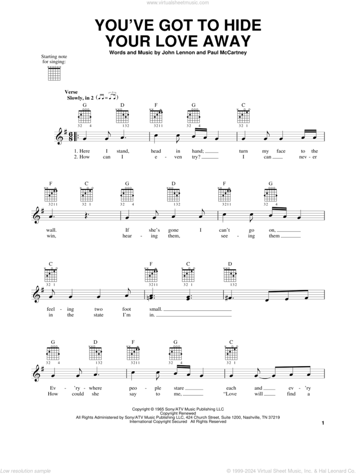 You've Got To Hide Your Love Away sheet music for guitar solo (chords) by The Beatles, John Lennon and Paul McCartney, easy guitar (chords)