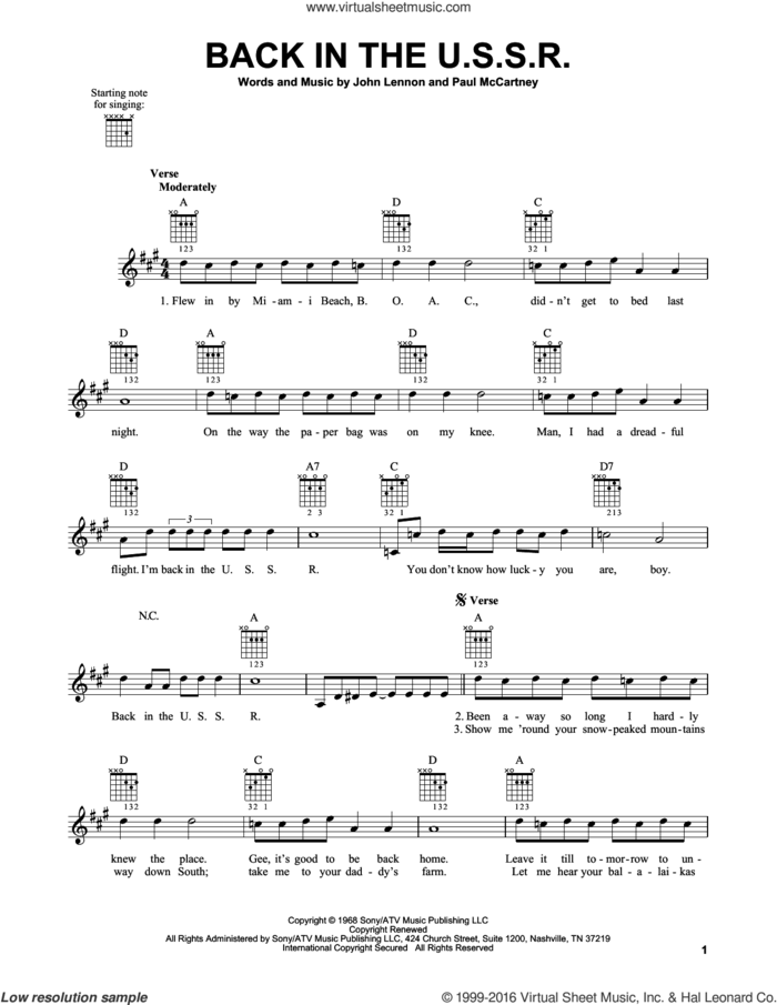 Back In The U.S.S.R. sheet music for guitar solo (chords) by The Beatles, Chubby Checker, John Lennon and Paul McCartney, easy guitar (chords)